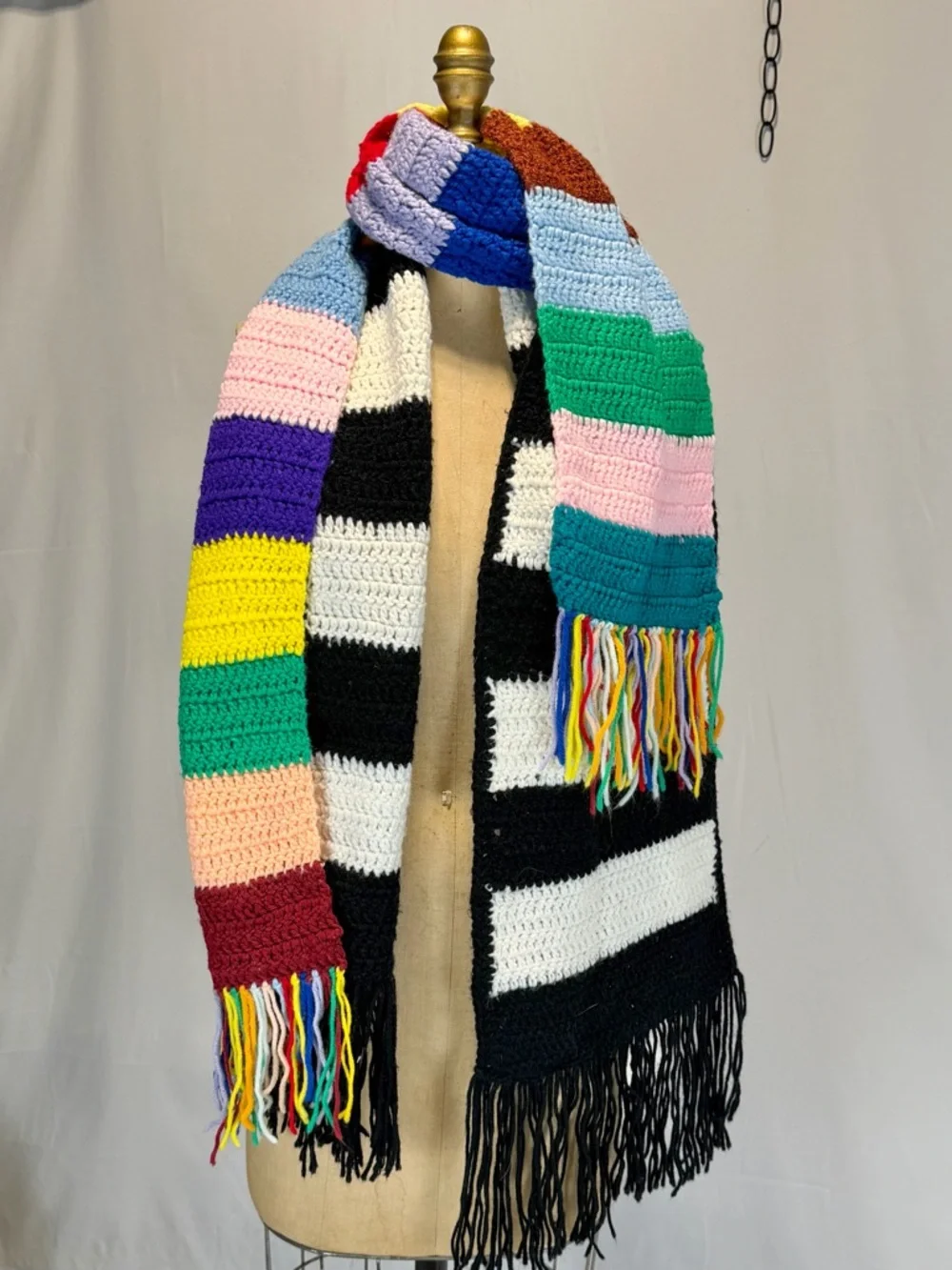 Crochet‎ scarf set long fringe rainbow multicolor black white stripe bold funky